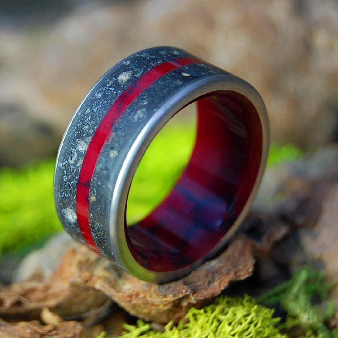 SEMPER FIDELIS - Iwo Jima | Men's Crimson & Black Jasper - Iwo Jima Beach Sand | Titanium Military Wedding Ring - Minter and Richter Designs
