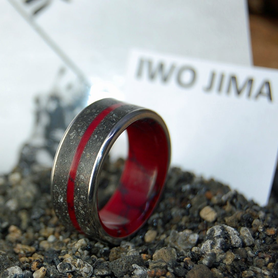 SEMPER FIDELIS - Iwo Jima | Men's Crimson & Black Jasper - Iwo Jima Beach Sand | Titanium Military Wedding Ring - Minter and Richter Designs