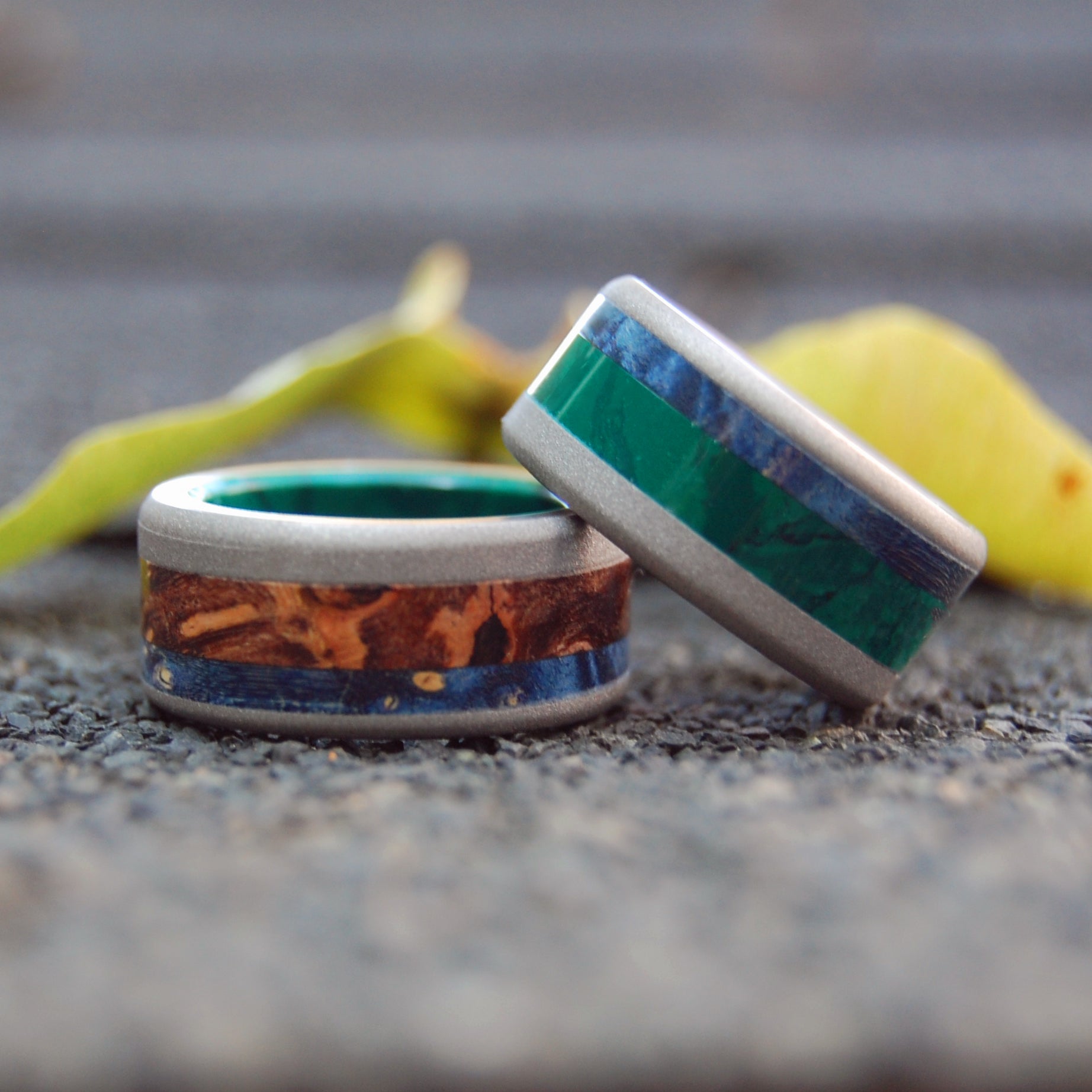 Shikoku Island & Yoshino River | Jade Stone, Blue Box Elder Wood & Titanium - Wooden Wedding Ring - Minter and Richter Designs