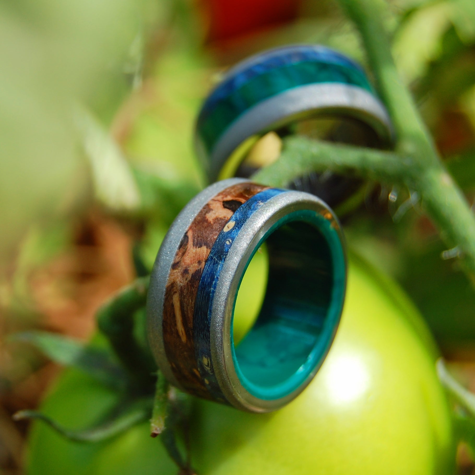 Shikoku Island & Yoshino River | Jade Stone, Blue Box Elder Wood & Titanium - Wooden Wedding Ring - Minter and Richter Designs