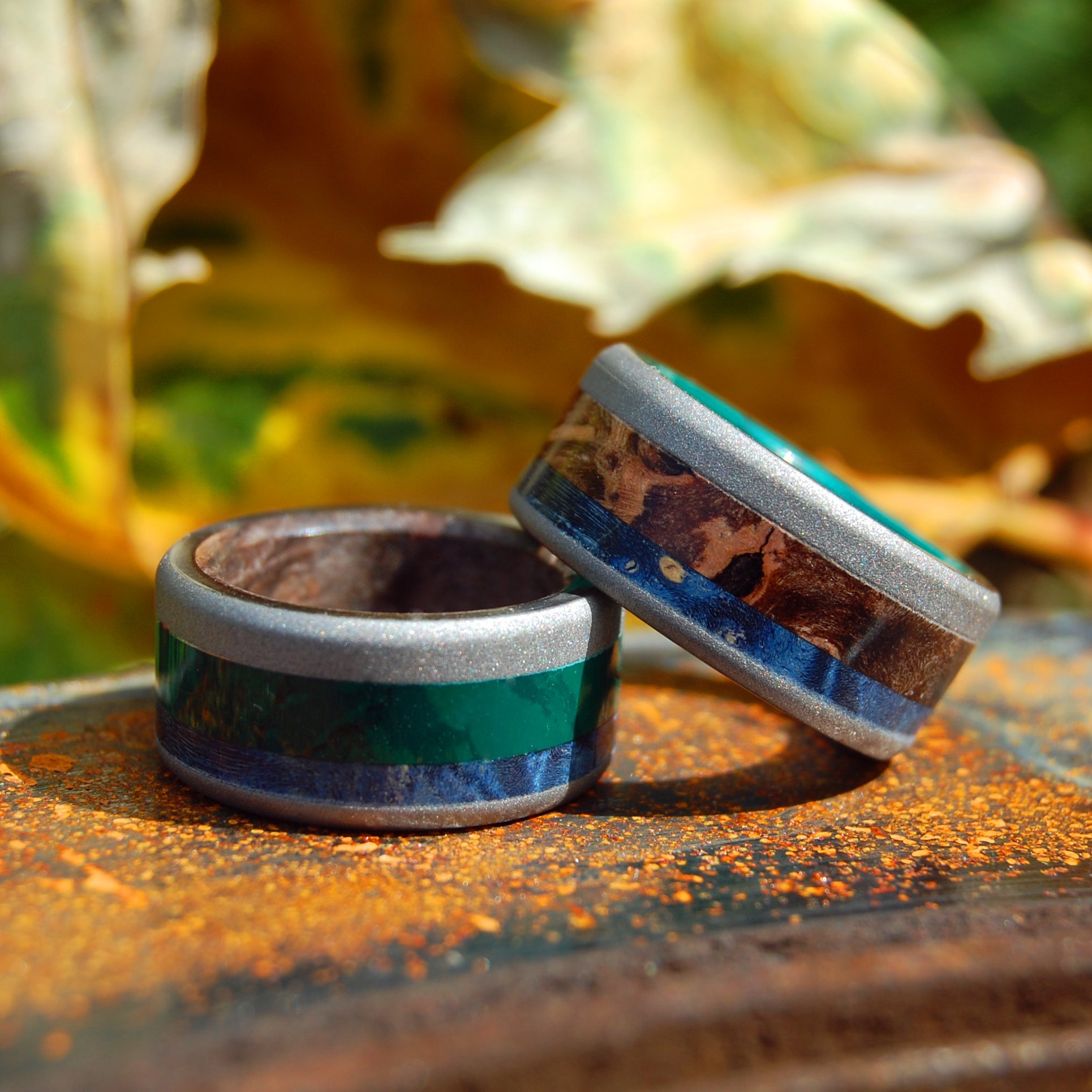 Shikoku Island & Yoshino River | Jade Stone, Blue Box Elder Wood & Titanium - Wooden Wedding Ring - Minter and Richter Designs