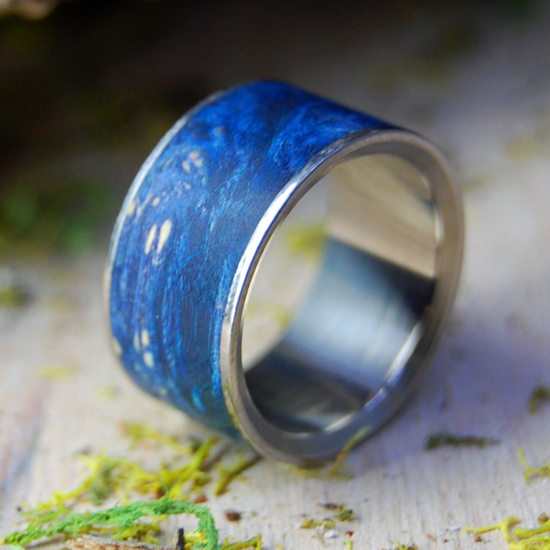 Shooting Stars | Size 5.5 At 9.5mm | Blue Box Elder Wood | Unique Wedding Band | On Sale - Minter and Richter Designs