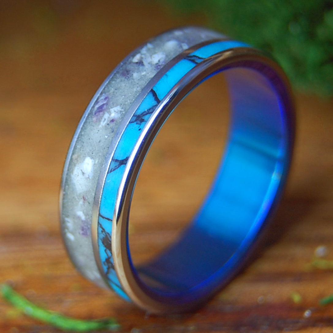 TURQUOISE IN SIESTA BEACH, FLORIDA | Men's Beach Sand, Shells, & Black-Webbed Turquoise Titanium Wedding Ring