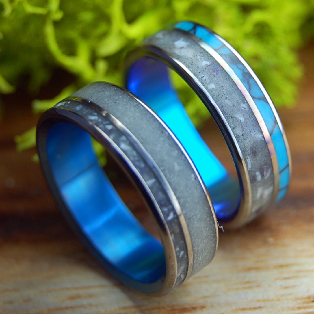 TURQUOISE IN SIESTA BEACH SET | Beach Sand, Shells, & Black-Webbed Turquoise Titanium His and Hers Wedding Rings