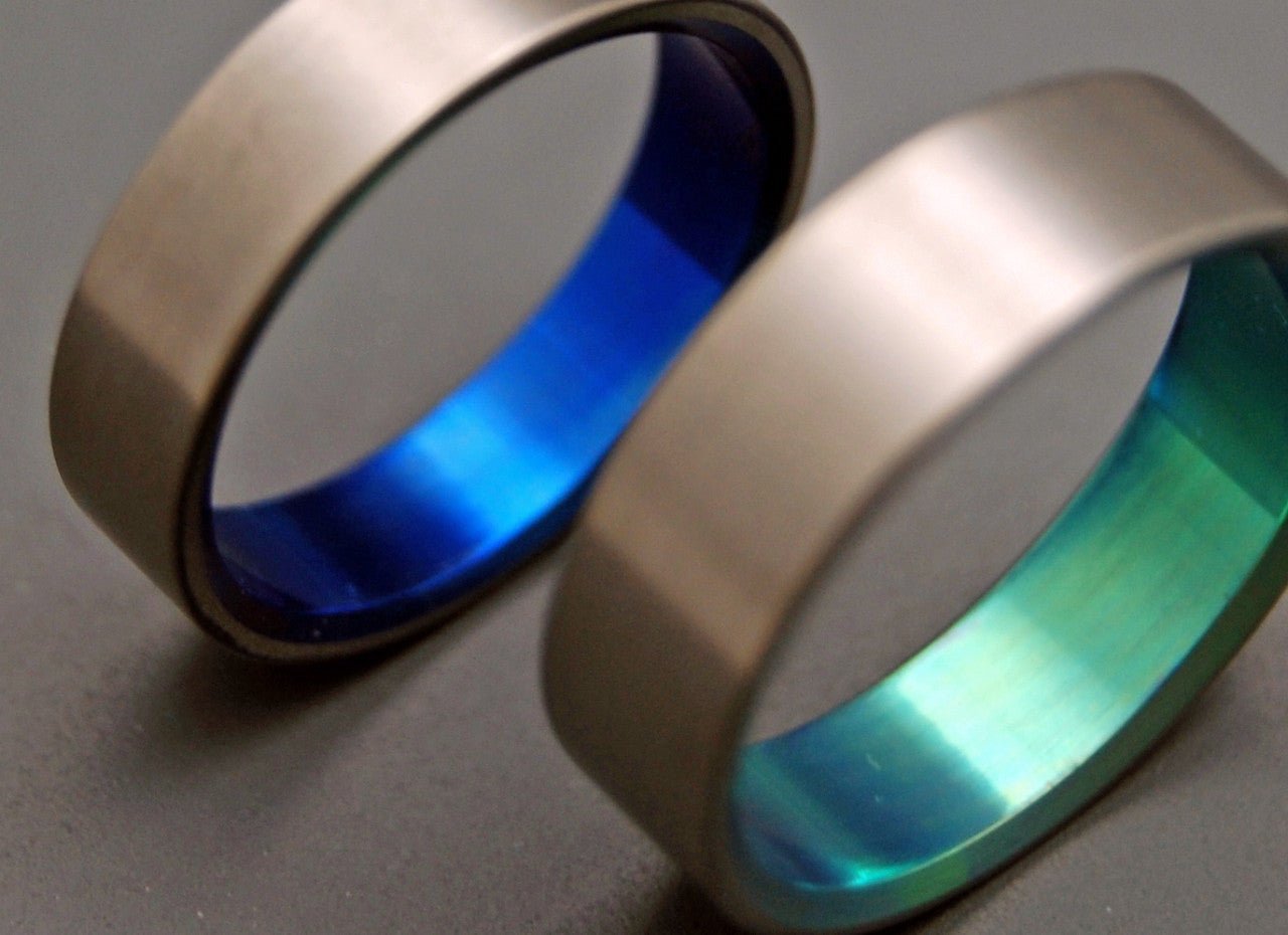 Simple Satin Green Blue | Hand Anodized Titanium - Unique Wedding Ring - Wedding Ring Sets - Minter and Richter Designs