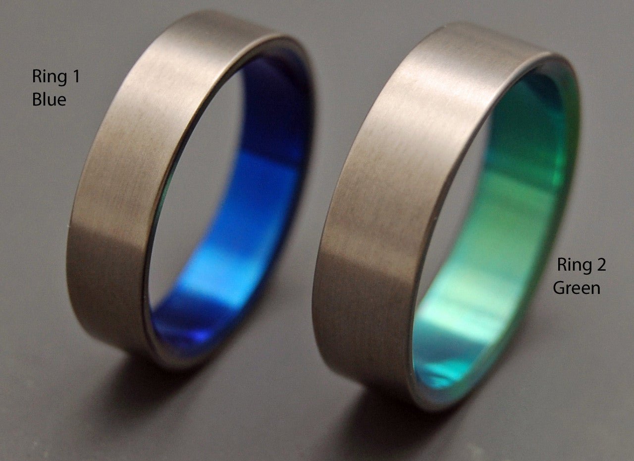 Simple Satin Green Blue | Hand Anodized Titanium - Unique Wedding Ring - Wedding Ring Sets - Minter and Richter Designs