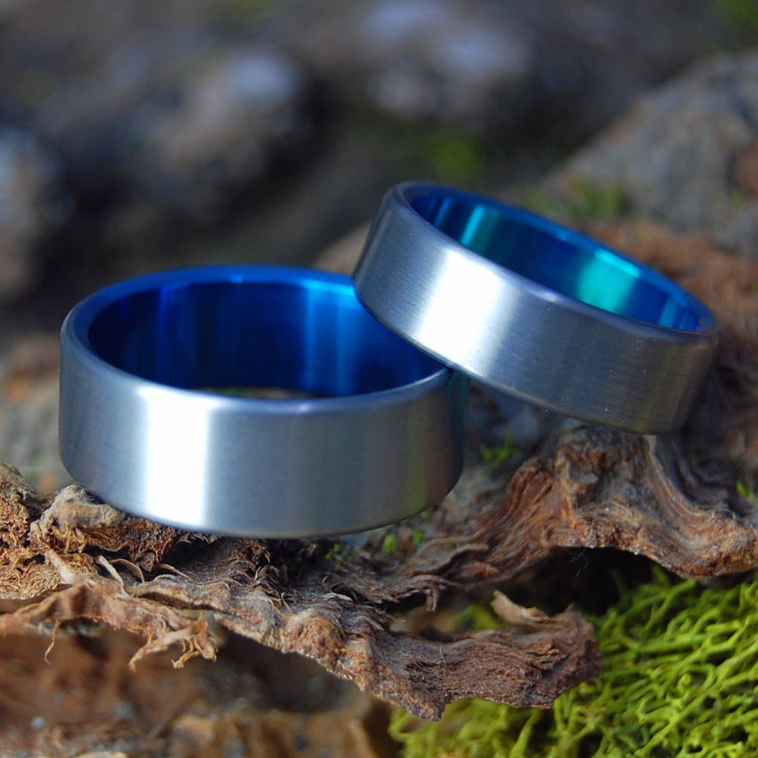 SIMPLE SATIN GREEN BLUE SET | Hand Anodized Titanium - Unique Wedding Rings - Wedding Rings - Minter and Richter Designs