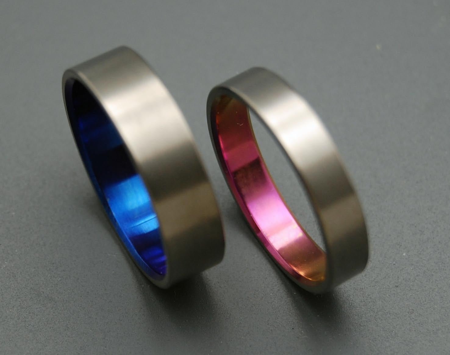 Simple Satin Pink Blue | Hand Anodized Titanium - Unique Wedding Ring - Wedding Ring Sets - Minter and Richter Designs