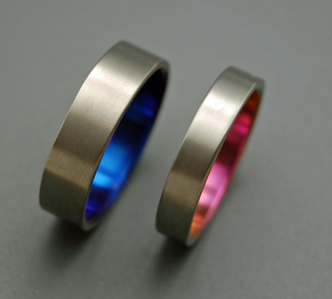 Simple Satin Pink Blue | Hand Anodized Titanium - Unique Wedding Ring - Wedding Ring Sets - Minter and Richter Designs