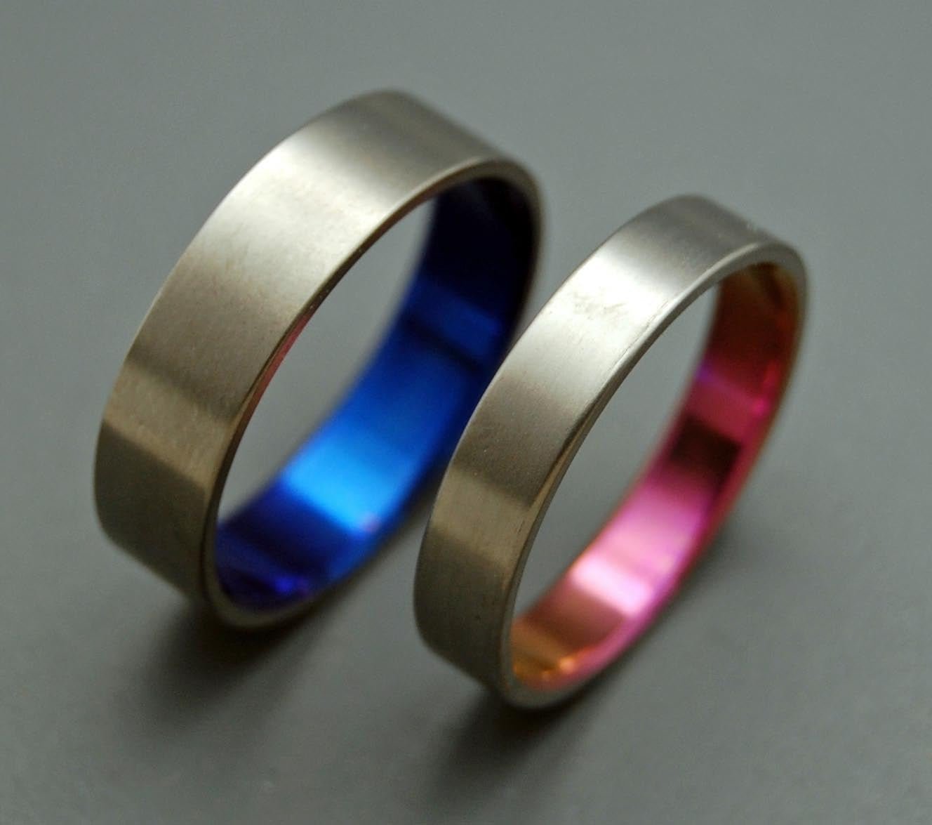 Simple Satin Pink Blue | Hand Anodized Titanium - Unique Wedding Ring - Wedding Ring Sets - Minter and Richter Designs