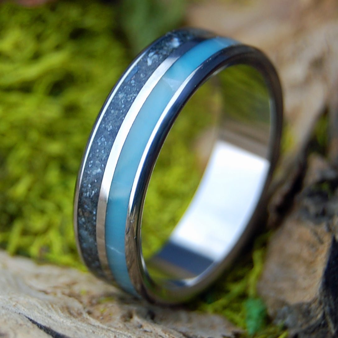 SKY OVER ASSATEAGUE | Men's Assateague Beach Sand, Larimar Stone & Titanium Wedding Ring - Minter and Richter Designs