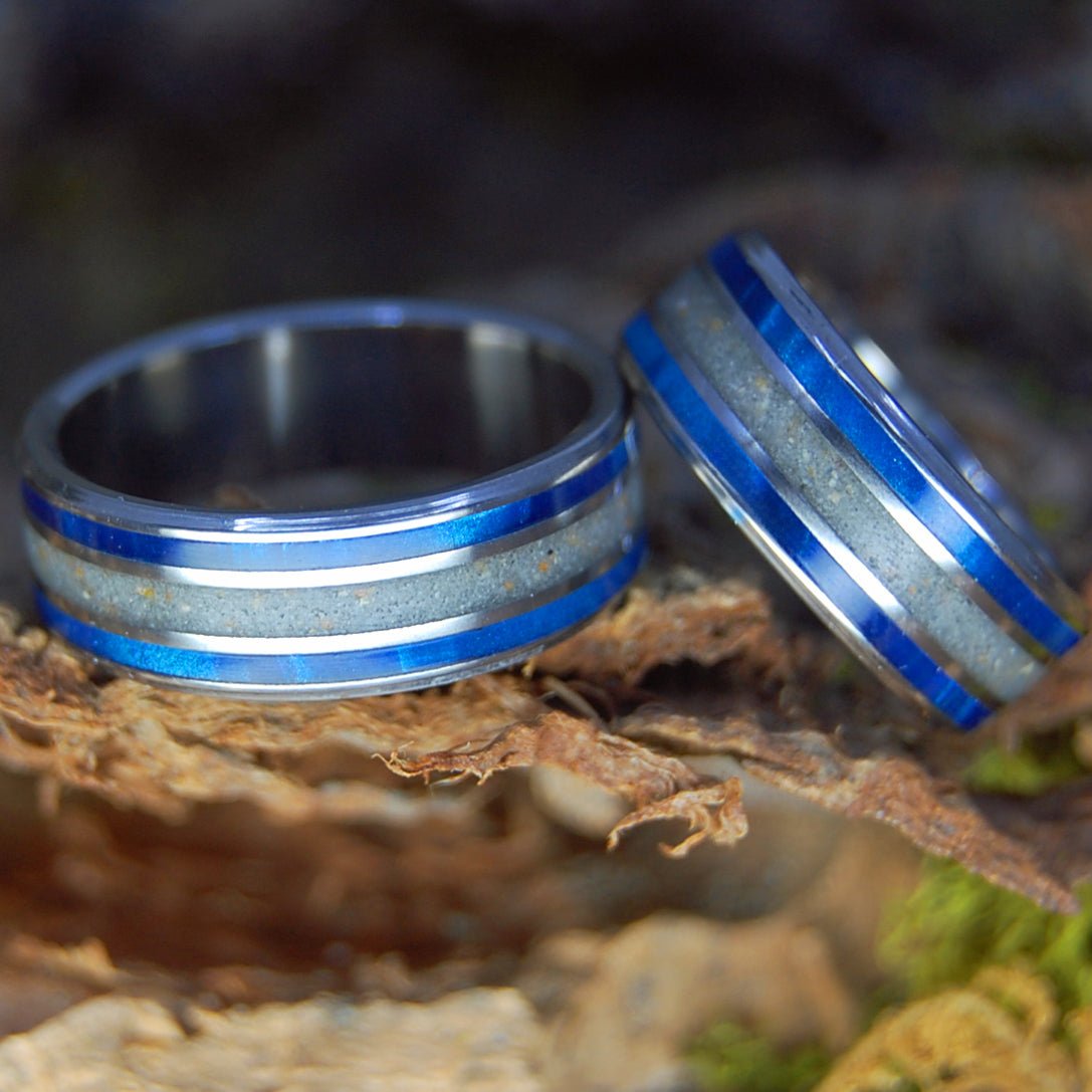 SMYRNA OCEAN BLUE SET | Smyrna Beach Sand & Blue Marbled Opalescent Wedding Rings Set - Minter and Richter Designs