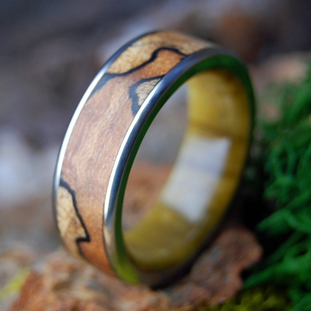 SPALTED TIGER | Men's Spalted Maple, Tiger Eye Stone & Titanium Wedding Ring - Minter and Richter Designs