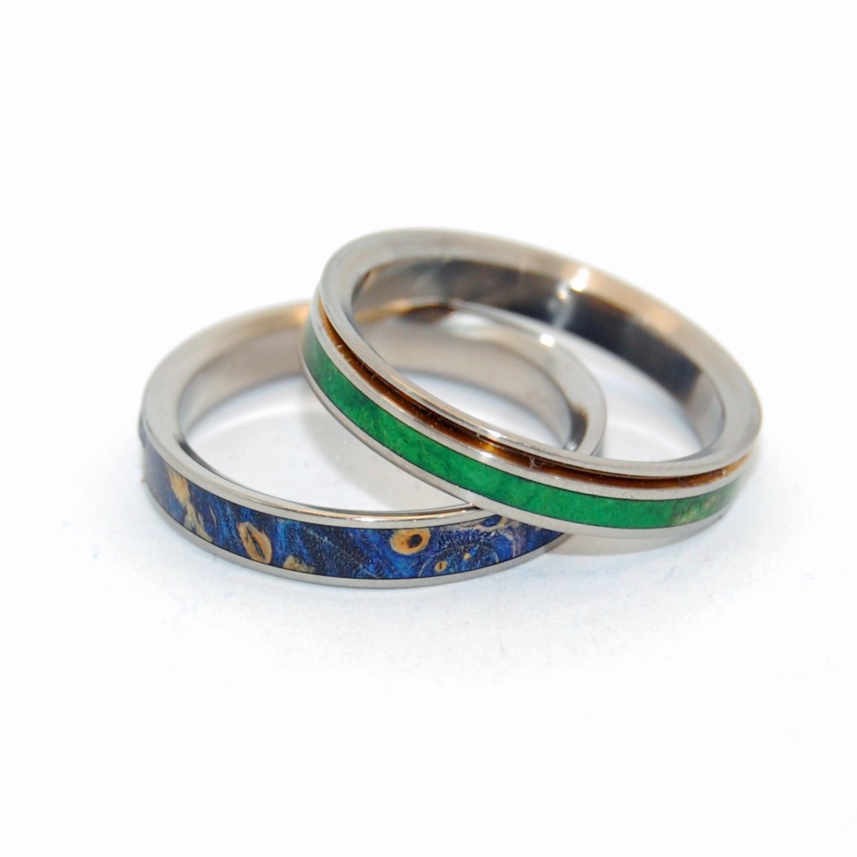 Stars & Moss | Green Box Elder Wood & Blue Box Elder Wood - Titanium Wedding Ring - Unique Wedding Ring - Minter and Richter Designs
