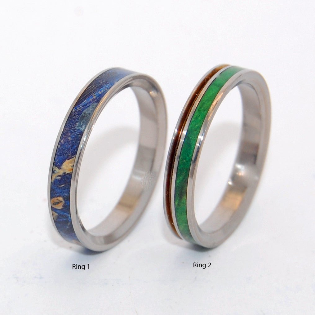 Stars & Moss | Green Box Elder Wood & Blue Box Elder Wood - Titanium Wedding Ring - Unique Wedding Ring - Minter and Richter Designs