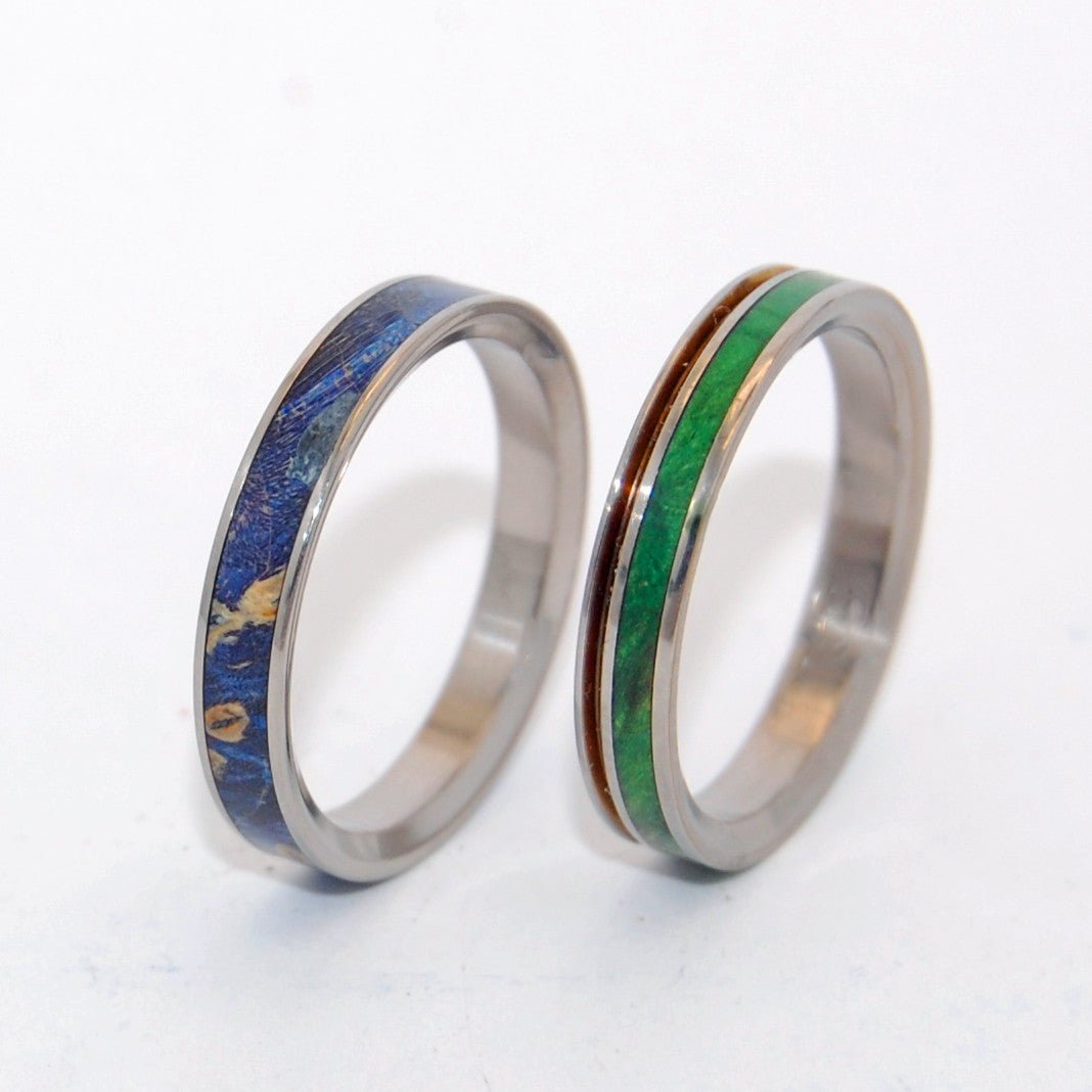 Stars & Moss | Green Box Elder Wood & Blue Box Elder Wood - Titanium Wedding Ring - Unique Wedding Ring - Minter and Richter Designs