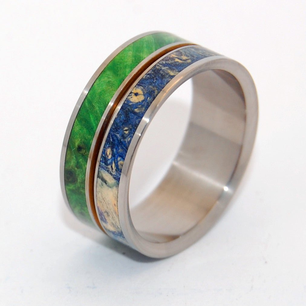 Stars & Moss | Men's Green Box Elder Wood, Blue Box Elder Wood & Titanium Wedding Ring - Minter and Richter Designs