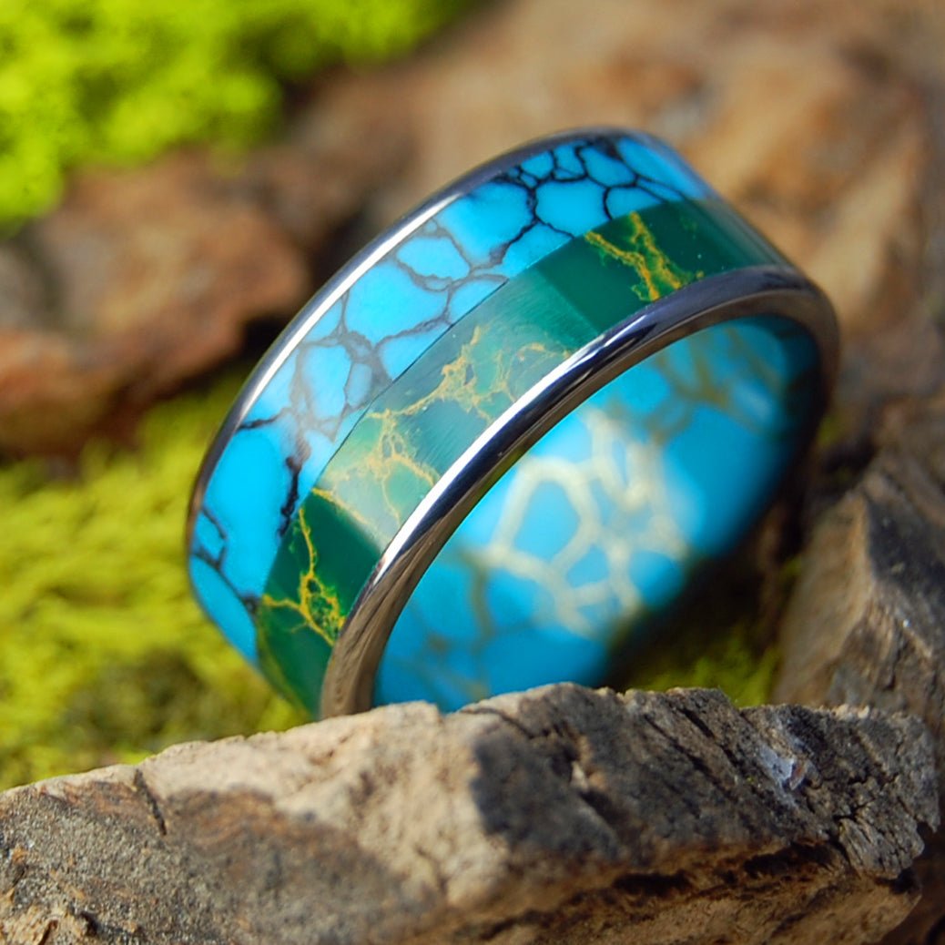 Still Soul | Men's Egyptian Jade, Tibetan Turquoise, Arizona Turquoise & Titanium Wedding Ring - Minter and Richter Designs