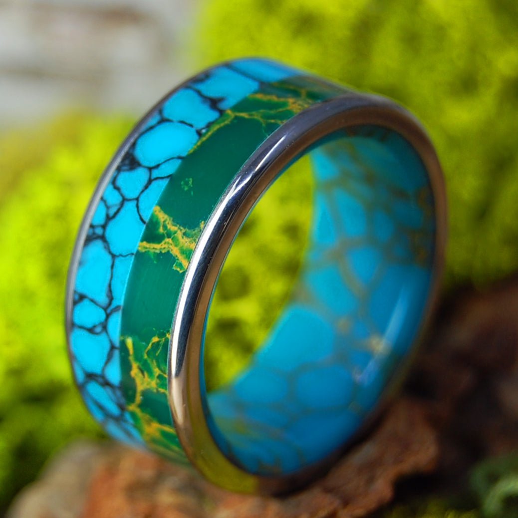 Still Soul | Men's Egyptian Jade, Tibetan Turquoise, Arizona Turquoise & Titanium Wedding Ring - Minter and Richter Designs