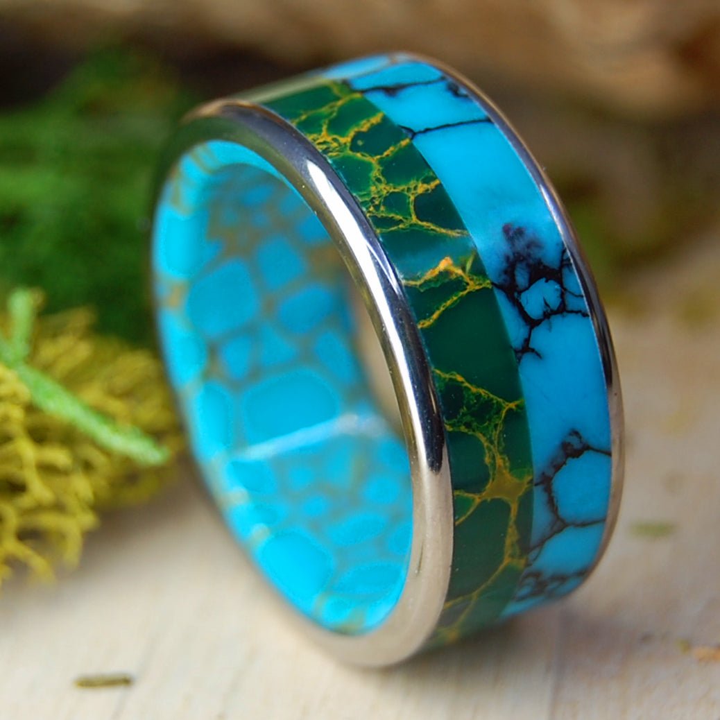 Still Soul | Men's Egyptian Jade, Tibetan Turquoise, Arizona Turquoise & Titanium Wedding Ring - Minter and Richter Designs