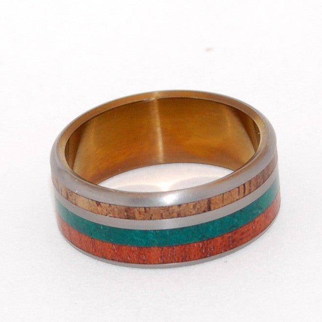 Strawberry Fields | Men's Bloodwood, Jade Stone, Hawaiian Koa Wood & Titanium Wedding Ring - Minter and Richter Designs