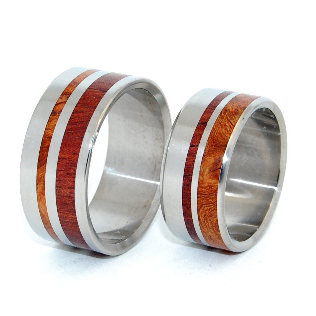 Stronger Together | Dark Maple Wood, Koa Wood & Titanium - Unique Wedding Ring Set - Minter and Richter Designs