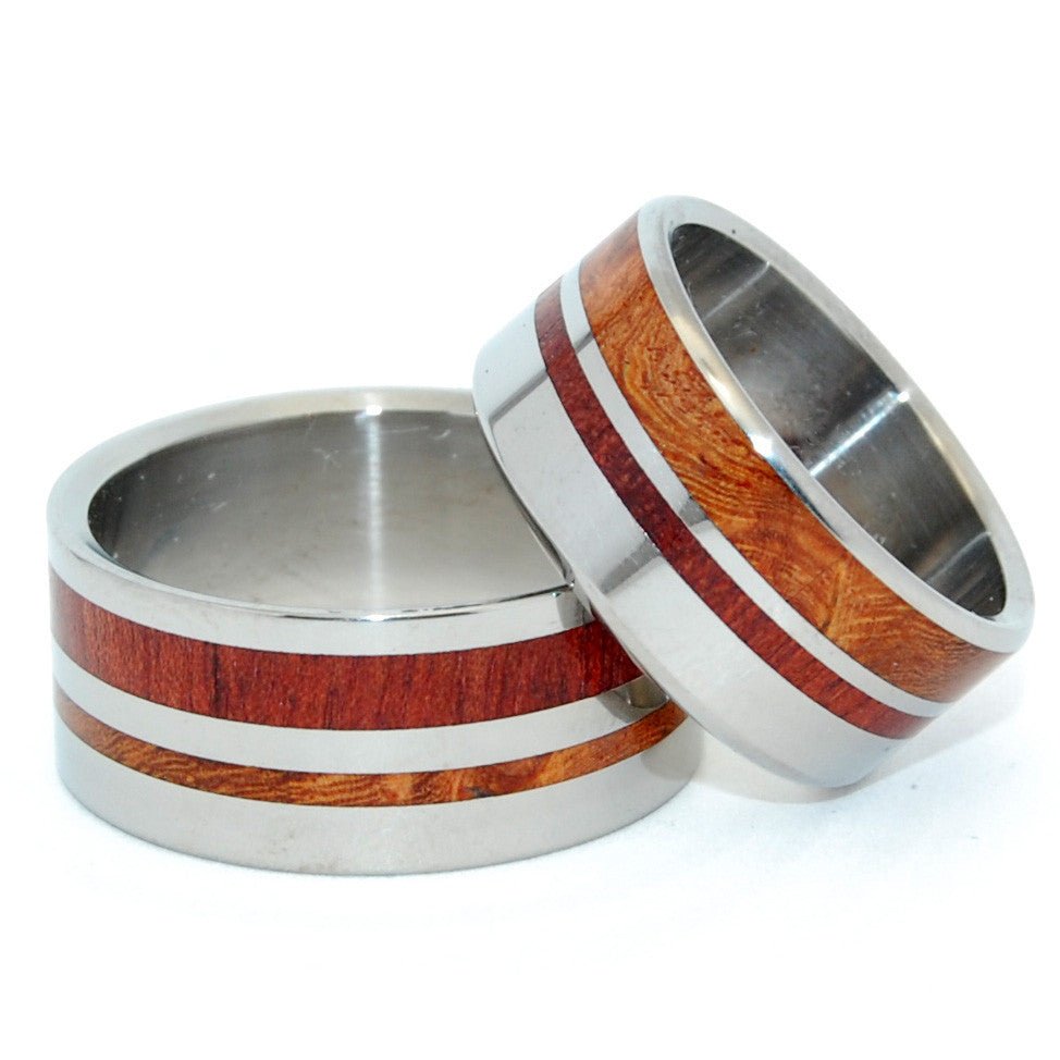 Stronger Together | Dark Maple Wood, Koa Wood & Titanium - Unique Wedding Ring Set - Minter and Richter Designs