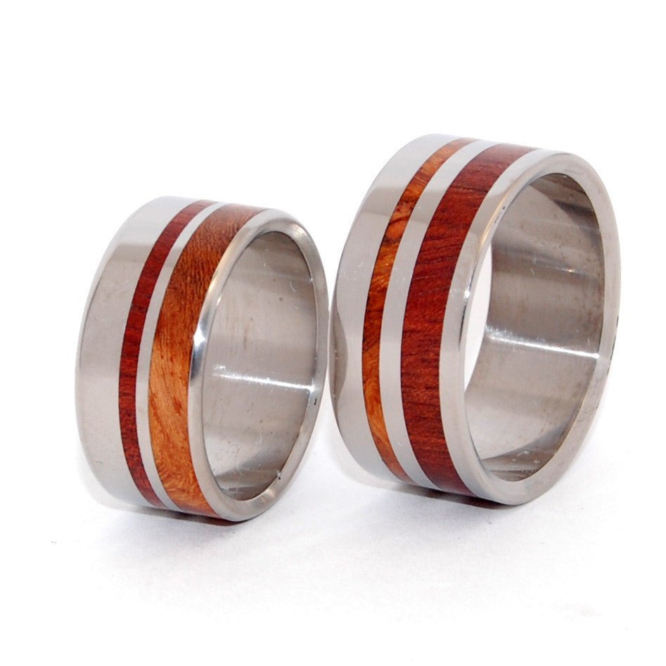 Stronger Together | Dark Maple Wood, Koa Wood & Titanium - Unique Wedding Ring Set - Minter and Richter Designs