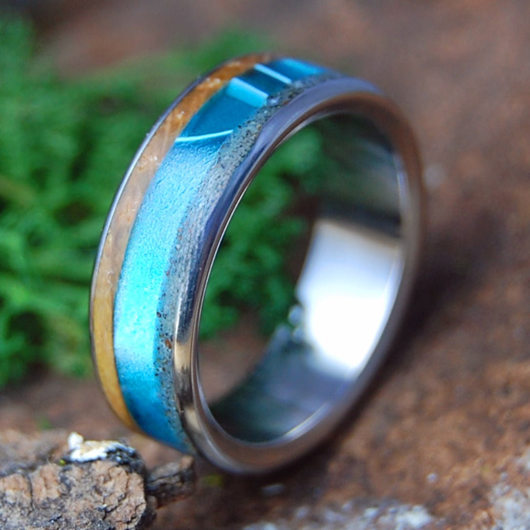 SWIMMING OFF FOLLY | Men's Whiskey Barrel, Folly Beach Sand, Alligator Teeth, Aquatic Blue & Titanium Wedding Ring - Minter and Richter Designs