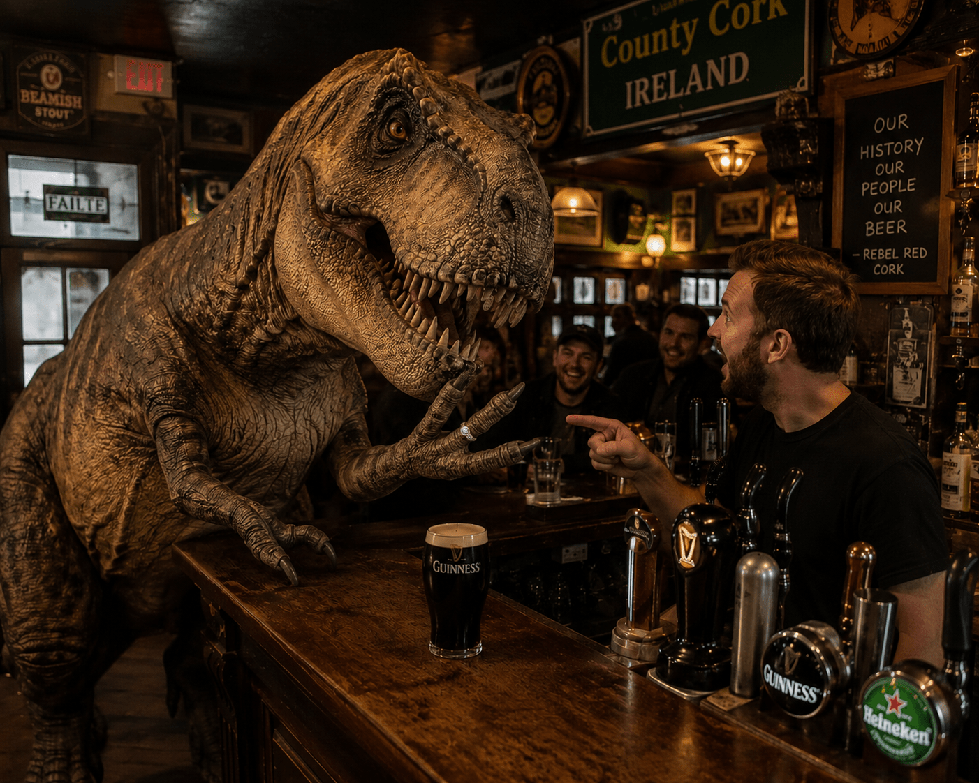 T - REX TAKES PUB IN COUNTY CORK | Men's T - Rex Tooth, Irish Bog Oak, Connemara Marble, County Cork Beach Sand & Titanium Wedding Ring - Minter and Richter Designs