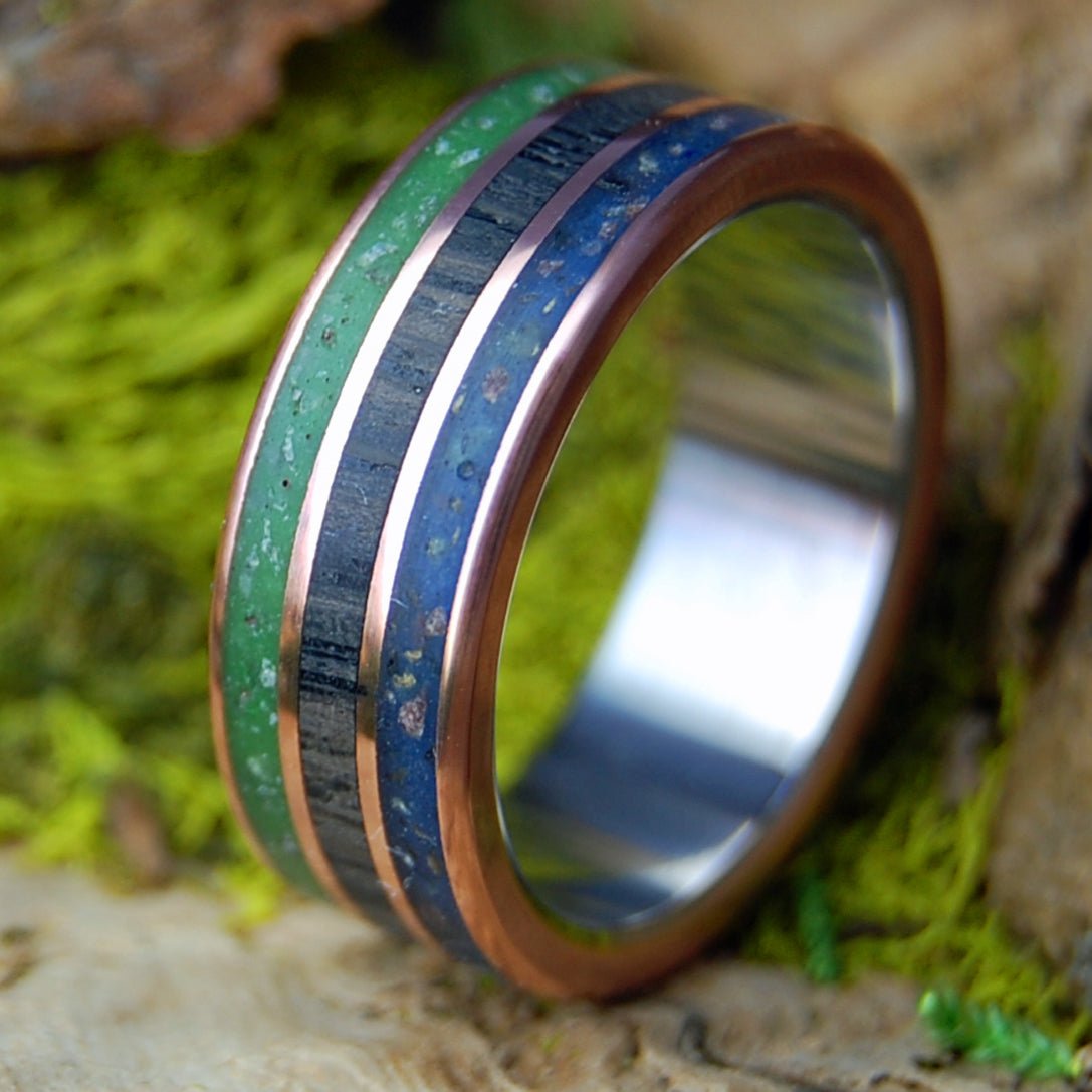 T - REX TAKES PUB IN COUNTY CORK | Men's T - Rex Tooth, Irish Bog Oak, Connemara Marble, County Cork Beach Sand & Titanium Wedding Ring - Minter and Richter Designs