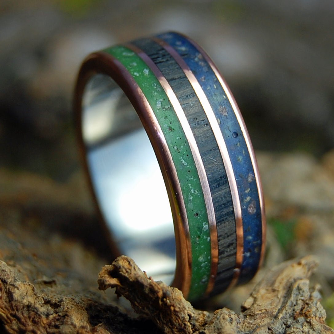 T - REX TAKES PUB IN COUNTY CORK | Men's T - Rex Tooth, Irish Bog Oak, Connemara Marble, County Cork Beach Sand & Titanium Wedding Ring - Minter and Richter Designs