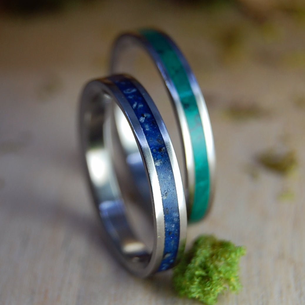 TAHOE ROCKS & IMPERIAL | Lake Tahoe Rocks & Jade - His & Hers Wedding Bands - Stone Wedding Rings - Minter and Richter Designs