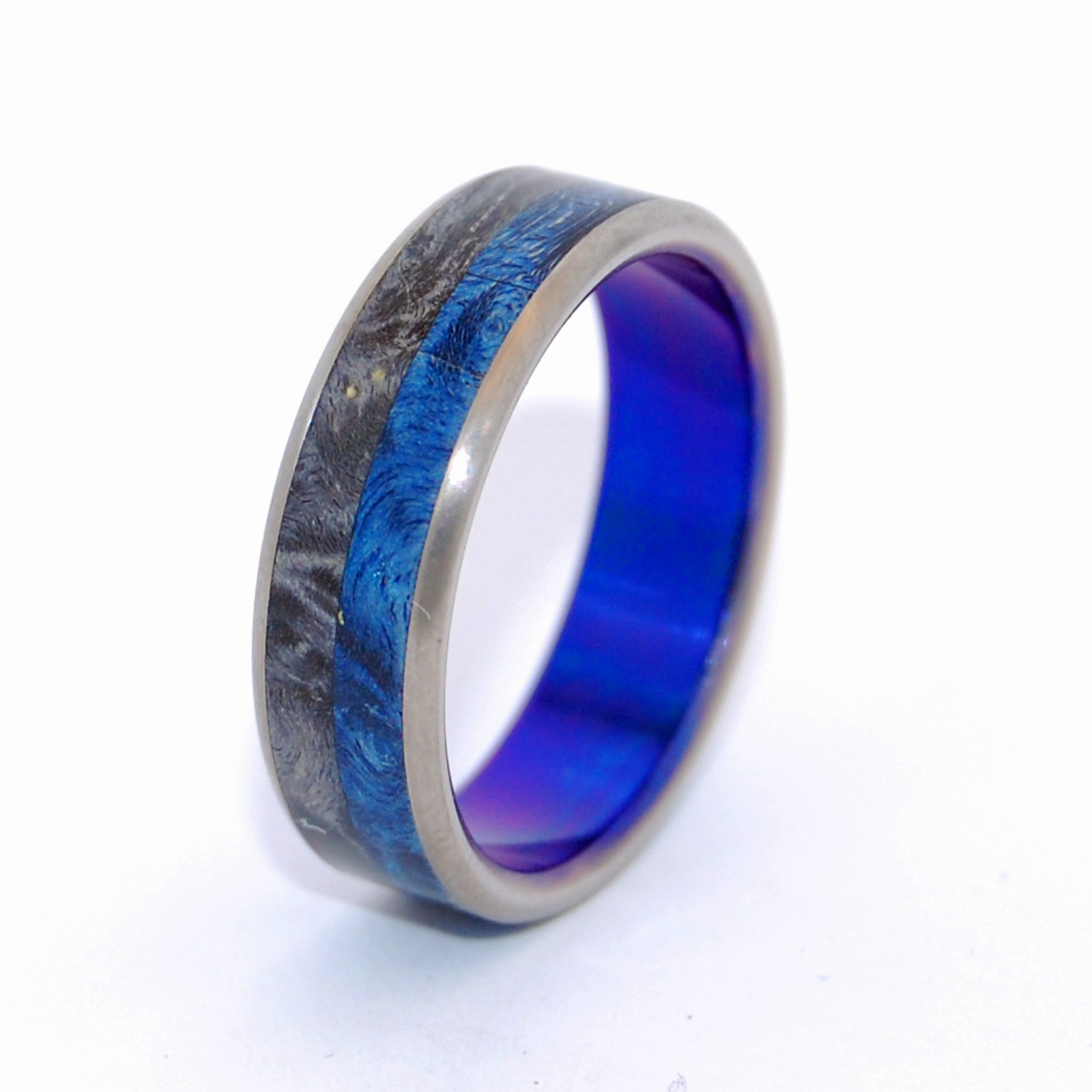 Take Me | Men's Wood & Hand Anodized Blue Titanium Wedding Ring - Minter and Richter Designs