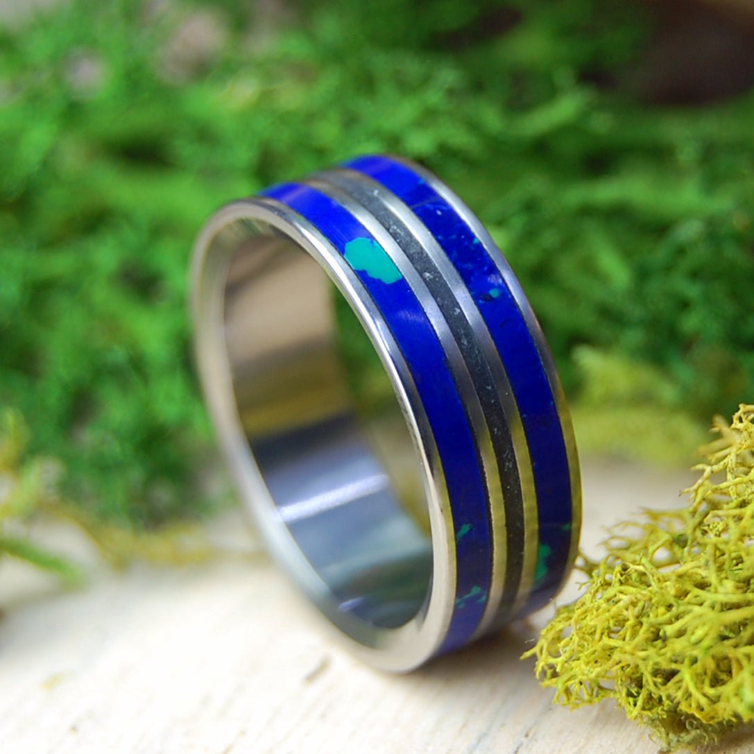 The Cold Blue of Alaska | Azurite Malachite and Alaskan Beach Sand - Unique Wedding Ring - Minter and Richter Designs