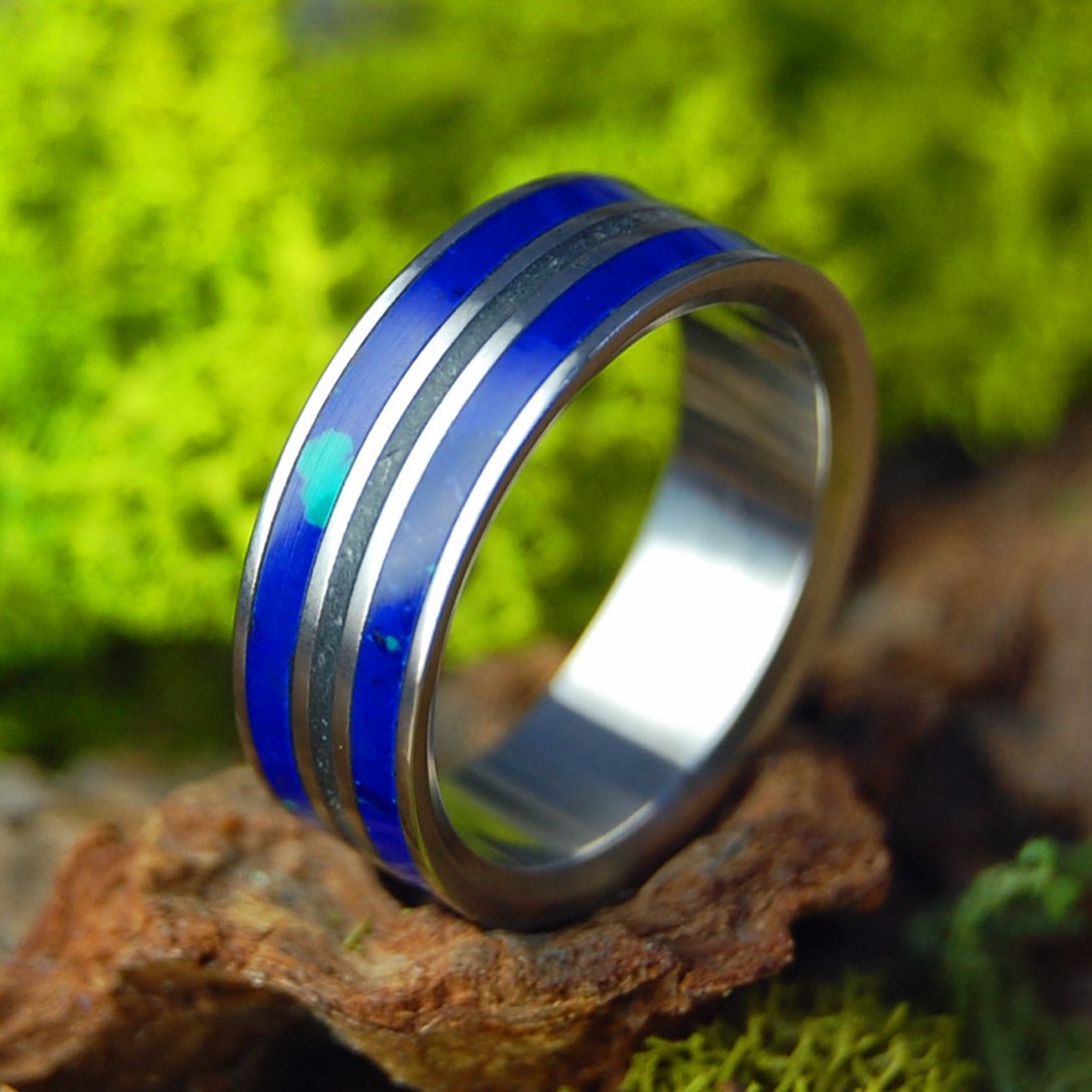 The Cold Blue of Alaska | Azurite Malachite and Alaskan Beach Sand - Unique Wedding Ring - Minter and Richter Designs