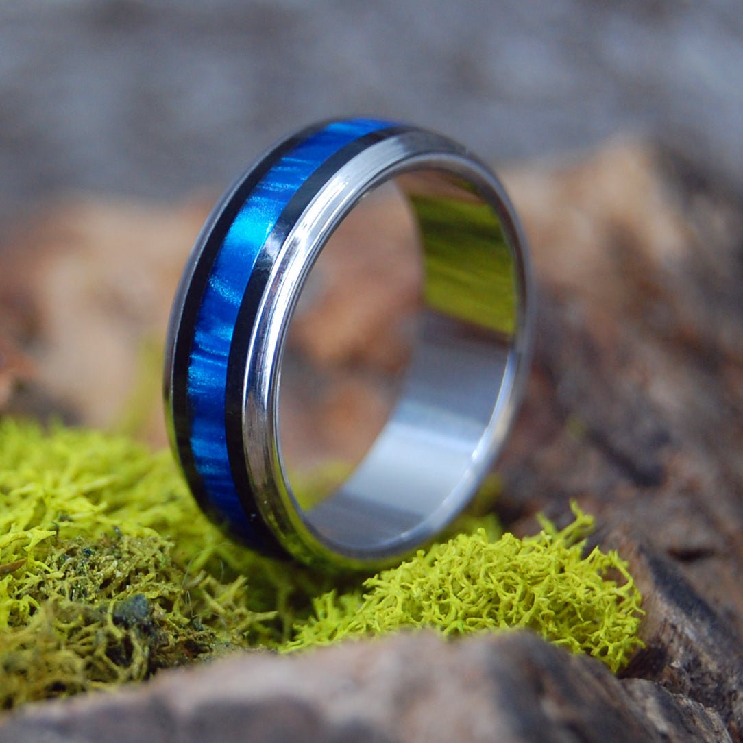 The Pilot And The Flight Attendant | Women's Black Onyx, Blue Marbled Resin & Titanium Wedding Ring - Minter and Richter Designs