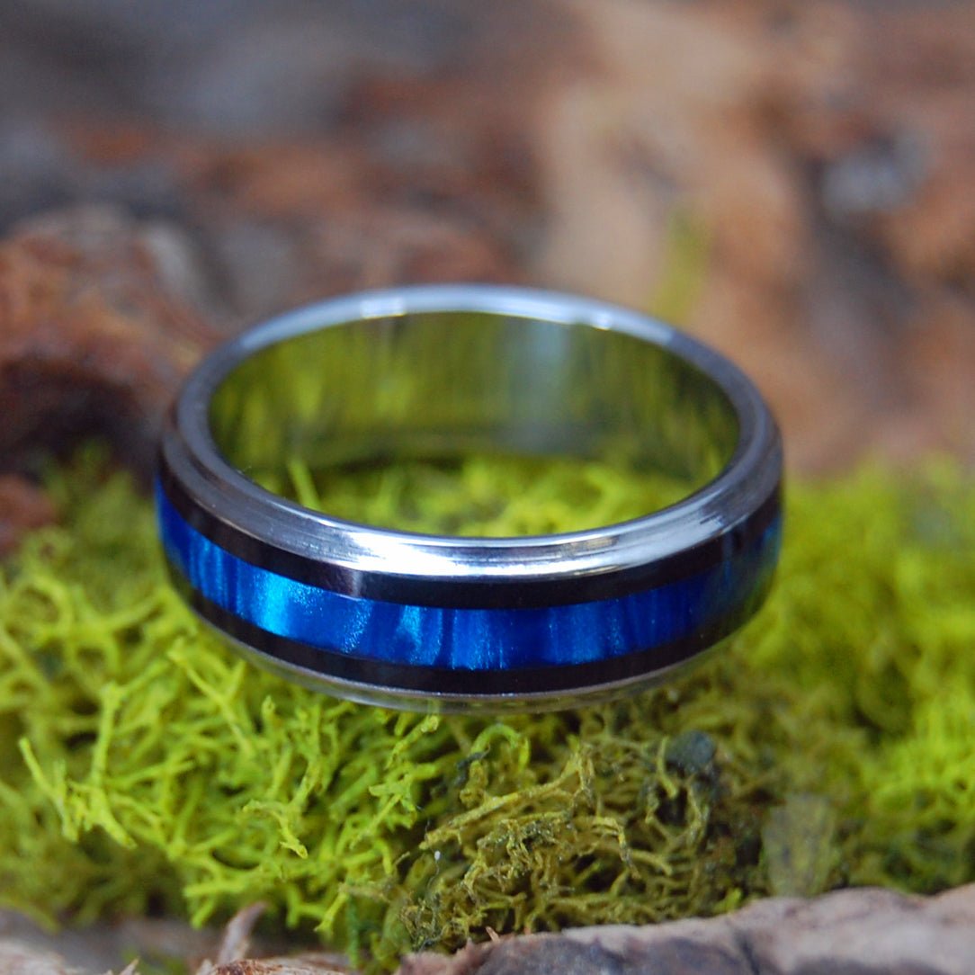 The Pilot And The Flight Attendant | Women's Black Onyx, Blue Marbled Resin & Titanium Wedding Ring - Minter and Richter Designs