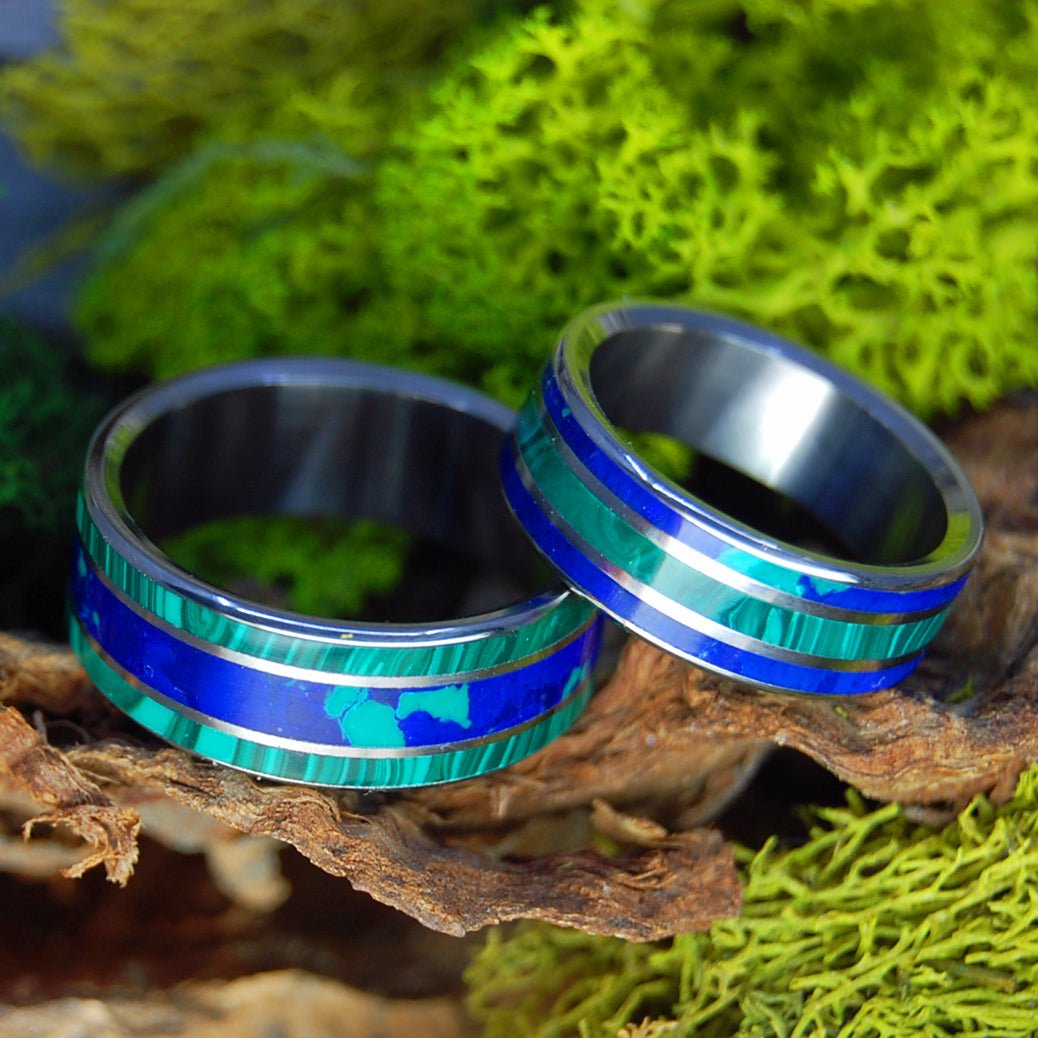 THE SEA INSPIRES AZURITE MALACHITE | Malachite, Azurite Stone & Titanium Wedding Rings - His & Hers Wedding Bands - Stone Wedding Rings - Minter and Richter Designs
