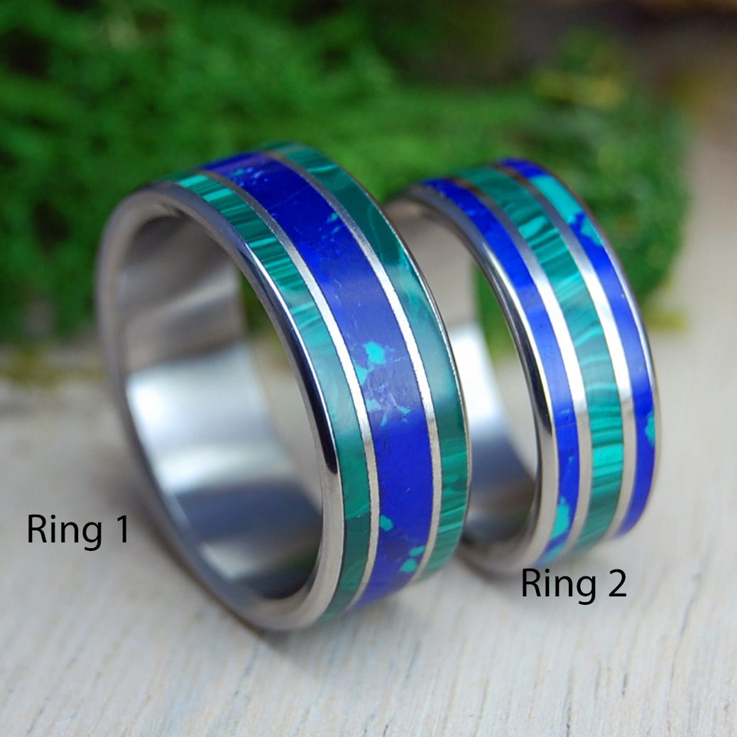 THE SEA INSPIRES AZURITE MALACHITE | Malachite, Azurite Stone & Titanium Wedding Rings - His & Hers Wedding Bands - Stone Wedding Rings - Minter and Richter Designs