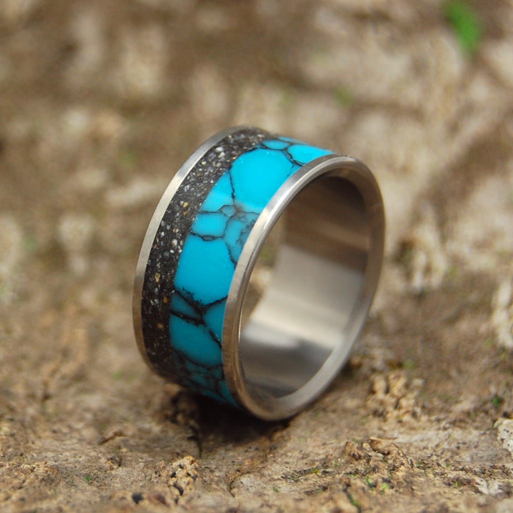 The Universe You Fill | Men's Turquoise, Black Icelandic Beach Sand & Titanium Wedding Ring - Minter and Richter Designs