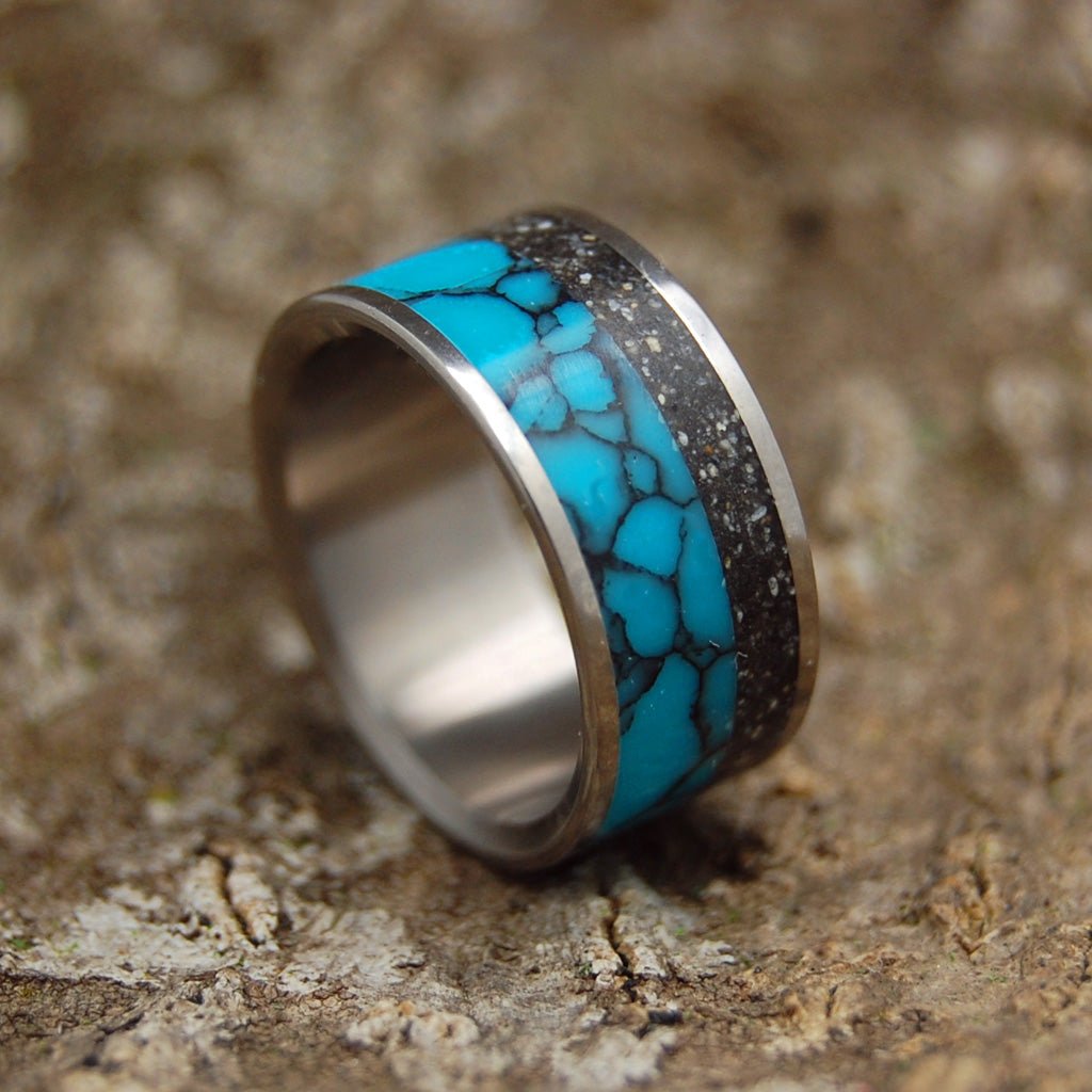 The Universe You Fill | Men's Turquoise, Black Icelandic Beach Sand & Titanium Wedding Ring - Minter and Richter Designs