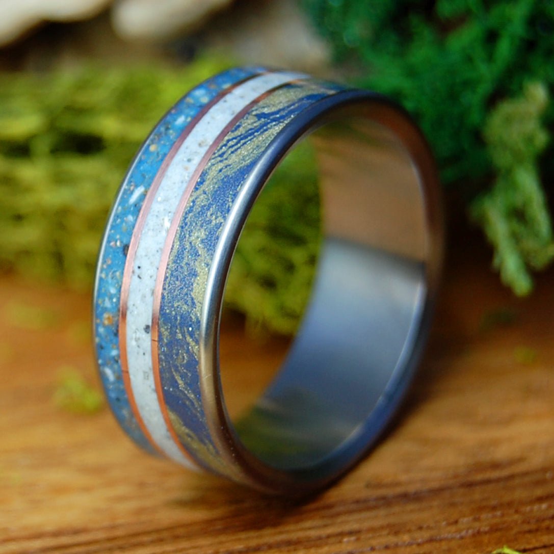 THREE SISTERS | Blue Bronze Mokume Gane, Gold & Beach Sand and Sea Shells Wedding Ring - Minter and Richter Designs