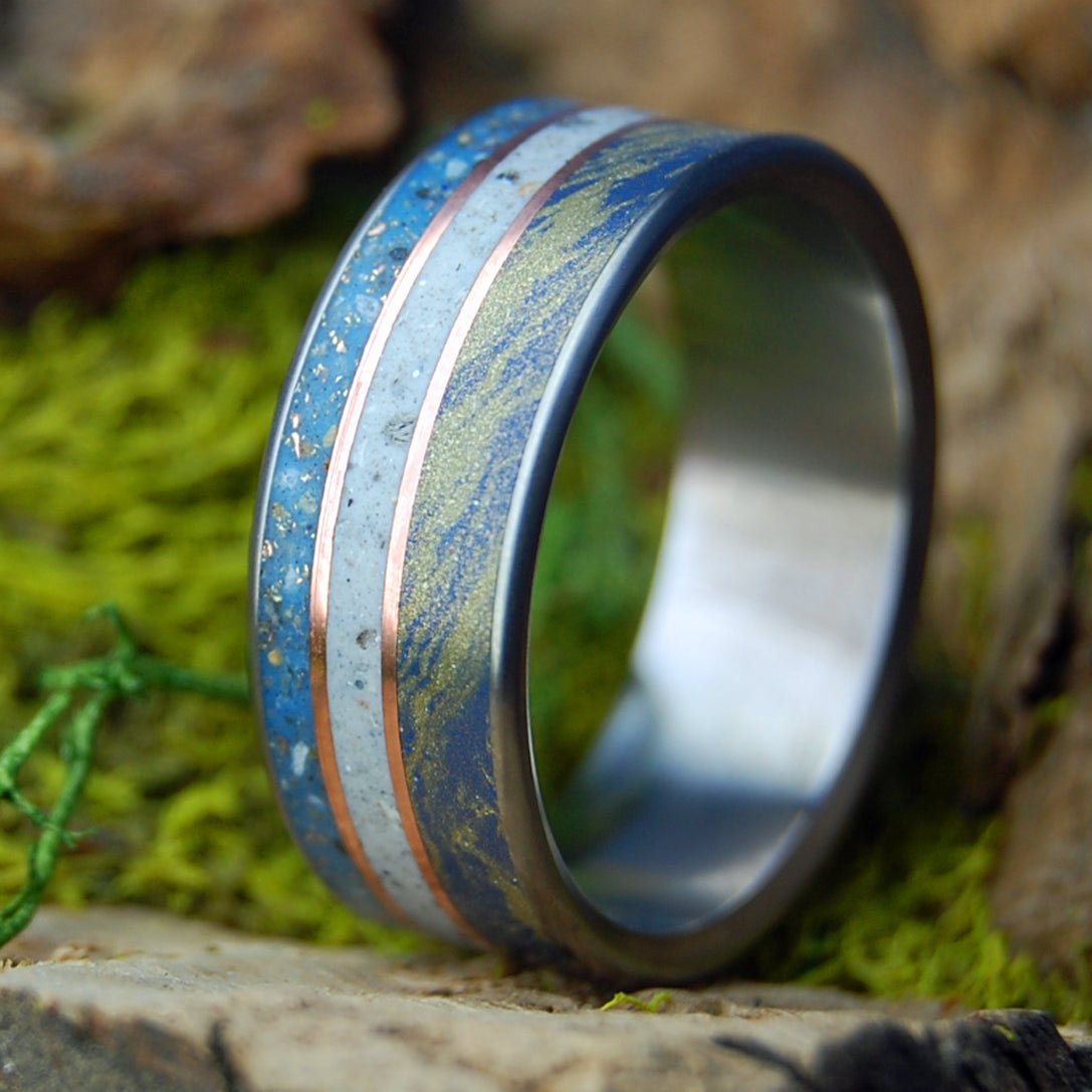 THREE SISTERS | Blue Bronze Mokume Gane, Gold & Beach Sand and Sea Shells Wedding Ring - Minter and Richter Designs