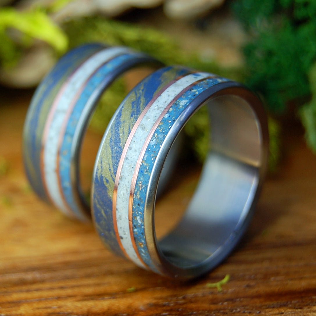 THREE SISTERS SET | Blue Bronze Mokume Gane, Gold & Beach Sand and Sea Shells Wedding Rings - Minter and Richter Designs