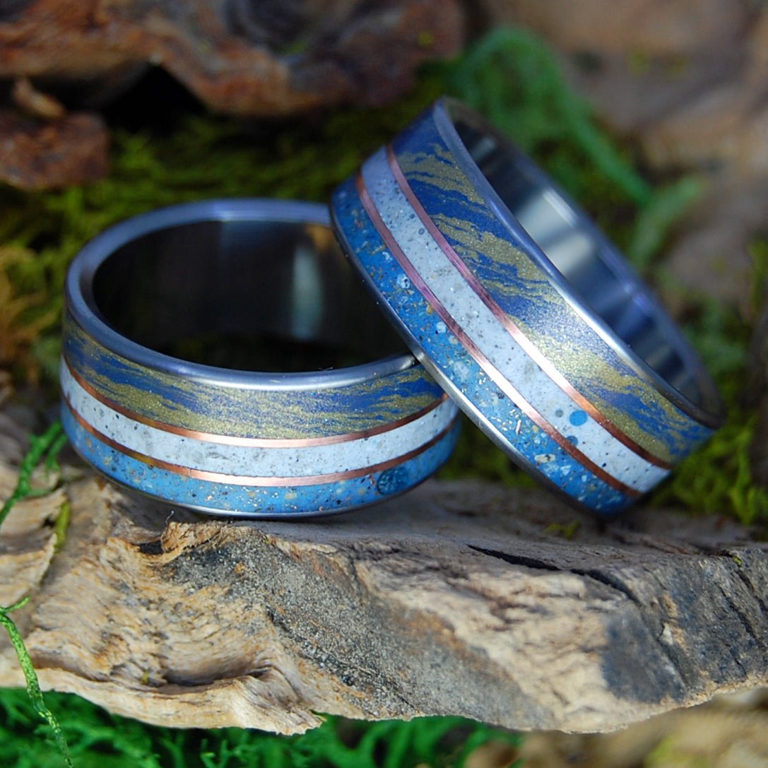 THREE SISTERS SET | Blue Bronze Mokume Gane, Gold & Beach Sand and Sea Shells Wedding Rings - Minter and Richter Designs