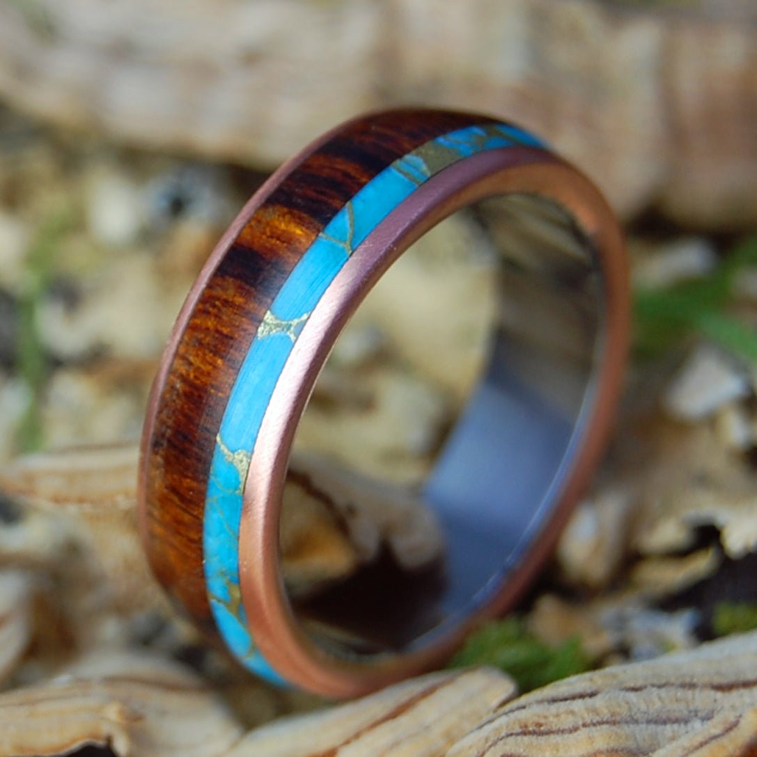 TIBETAN DESERT DREAM | Men's Desert Ironwood, Tibetan Turquoise, Copper & Titanium Wedding Ring - Minter and Richter Designs