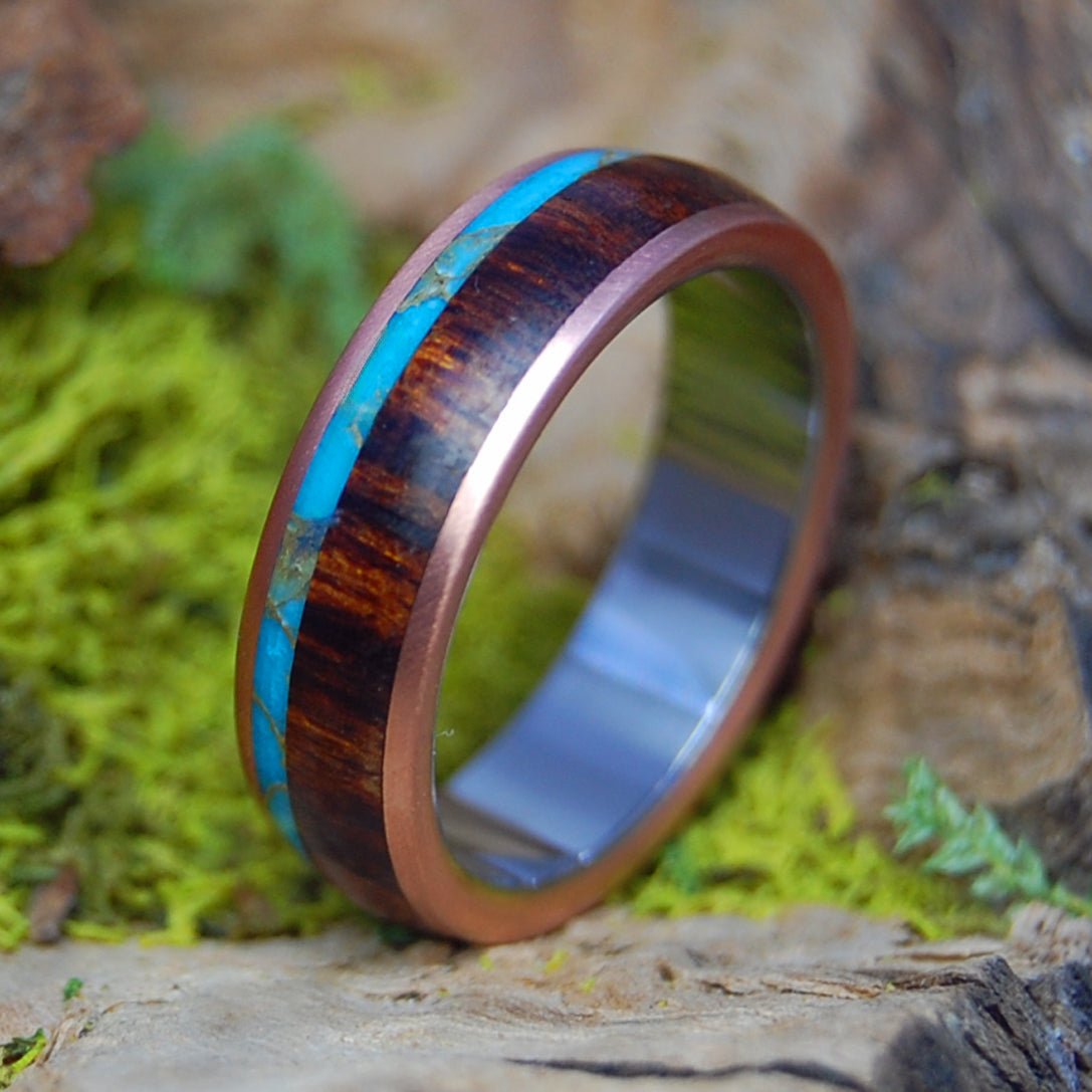 TIBETAN DESERT DREAM | Men's Desert Ironwood, Tibetan Turquoise, Copper & Titanium Wedding Ring - Minter and Richter Designs