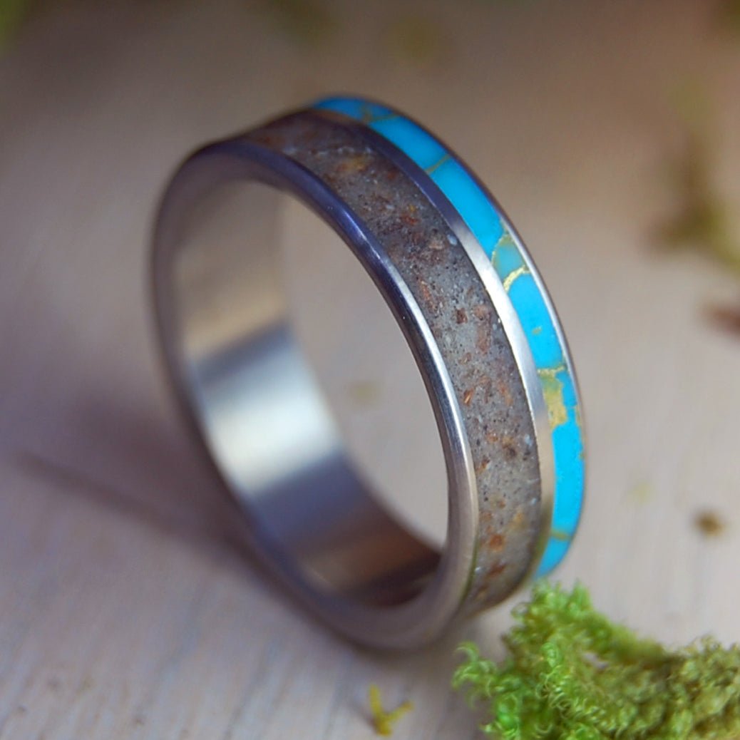 TIBETAN MONK IN JOSHUA TREE | Men's Joshua Tree Bark, Tibetan Turquoise & Titanium Wedding Ring - Minter and Richter Designs