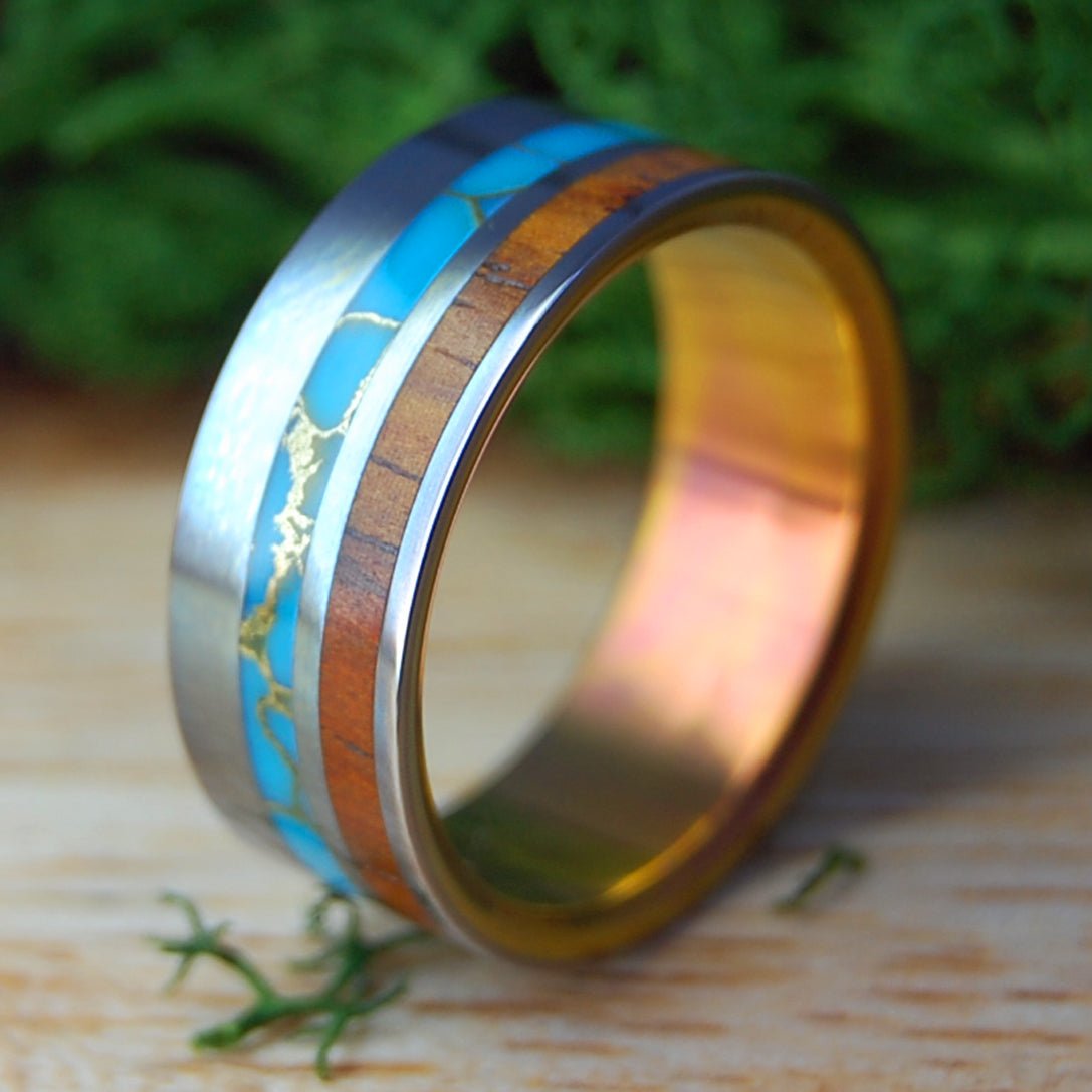 TIBETAN SUNSET | Men's Cocobolo Wood, Tibetan Turquoise & Inox Steel Wedding Ring - Minter and Richter Designs